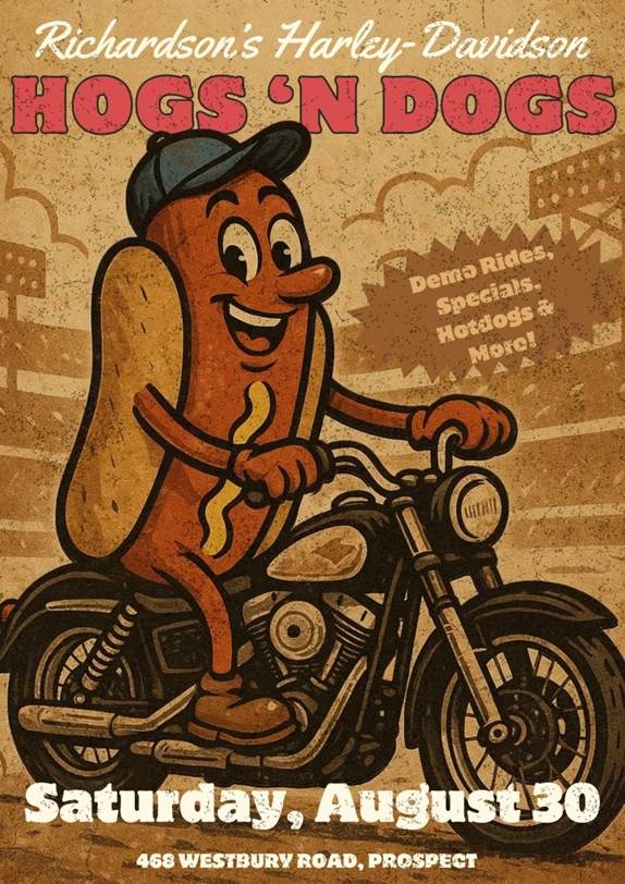 A poster of a hot dog riding a motorcycle

AI-generated content may be incorrect.